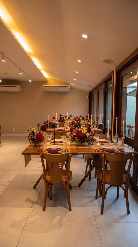 Mesa posta ao entardecer com velas e flores no Terrazo, espaço para festa de aniversário em Fortaleza, no Cocó