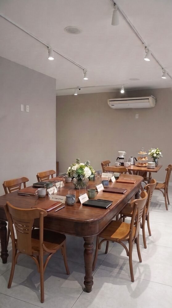 Mesa de reunião com blocos, crachás e coffee break no Terrazo, espaço para eventos corporativos em Fortaleza, no Cocó