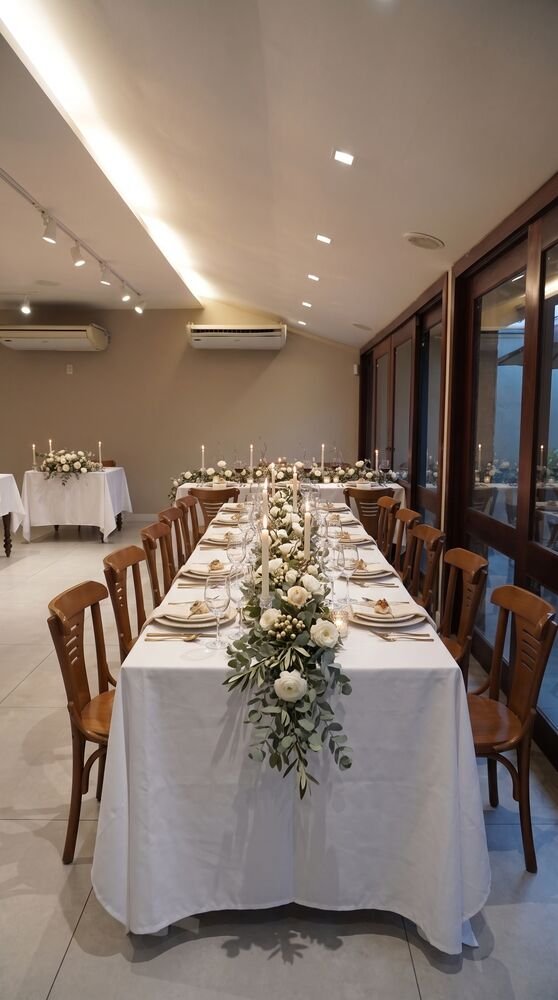 Mesa de casamento à luz de velas com rosas brancas e eucalipto no Terrazo, Fortaleza