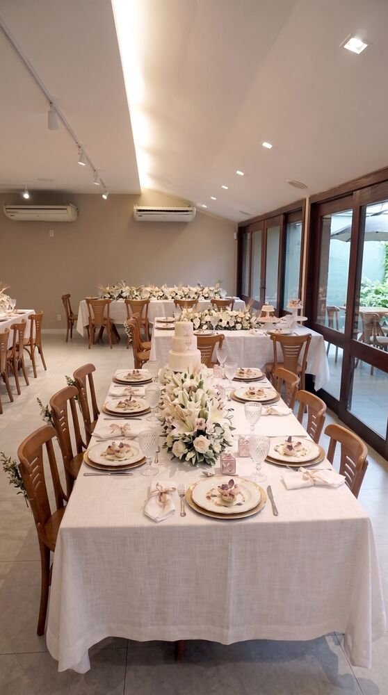 Mesa de recepção em tons rosé com bolo em andares no Terrazo, Fortaleza