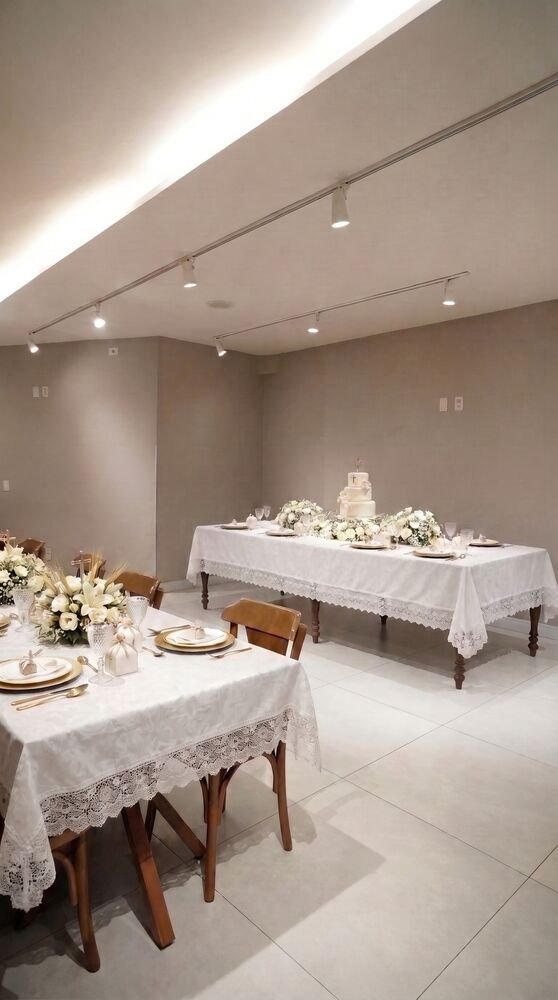 Mesa de batizado com toalha de renda e bolo com cruz no Terrazo, Cocó, Fortaleza