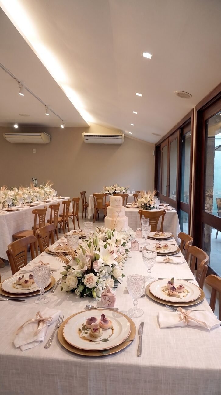 Salão do Terrazo montado para celebração, com mesas longas floridas e vista para a varanda, no Cocó, em Fortaleza